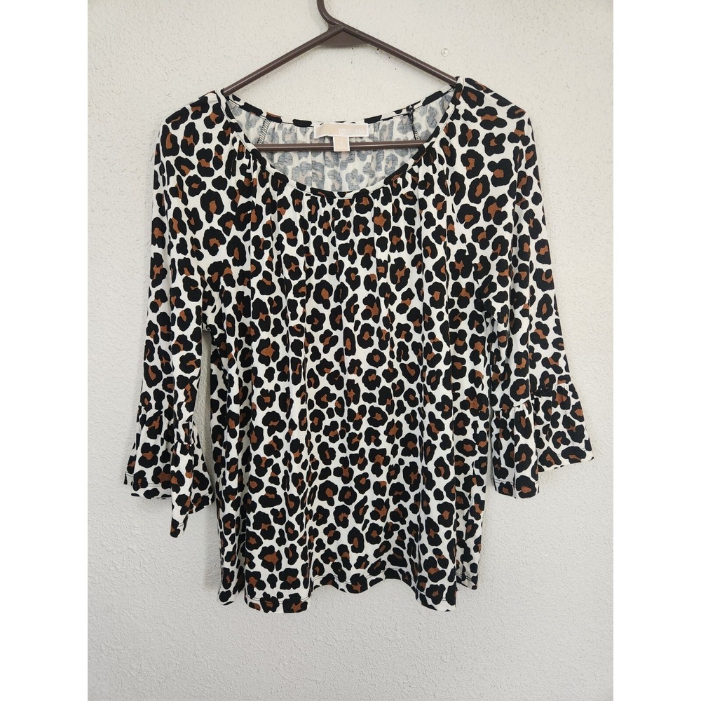 Michael Kors Women's Small Brown White and Black Animal Print Shirt 3/4 Sleeve